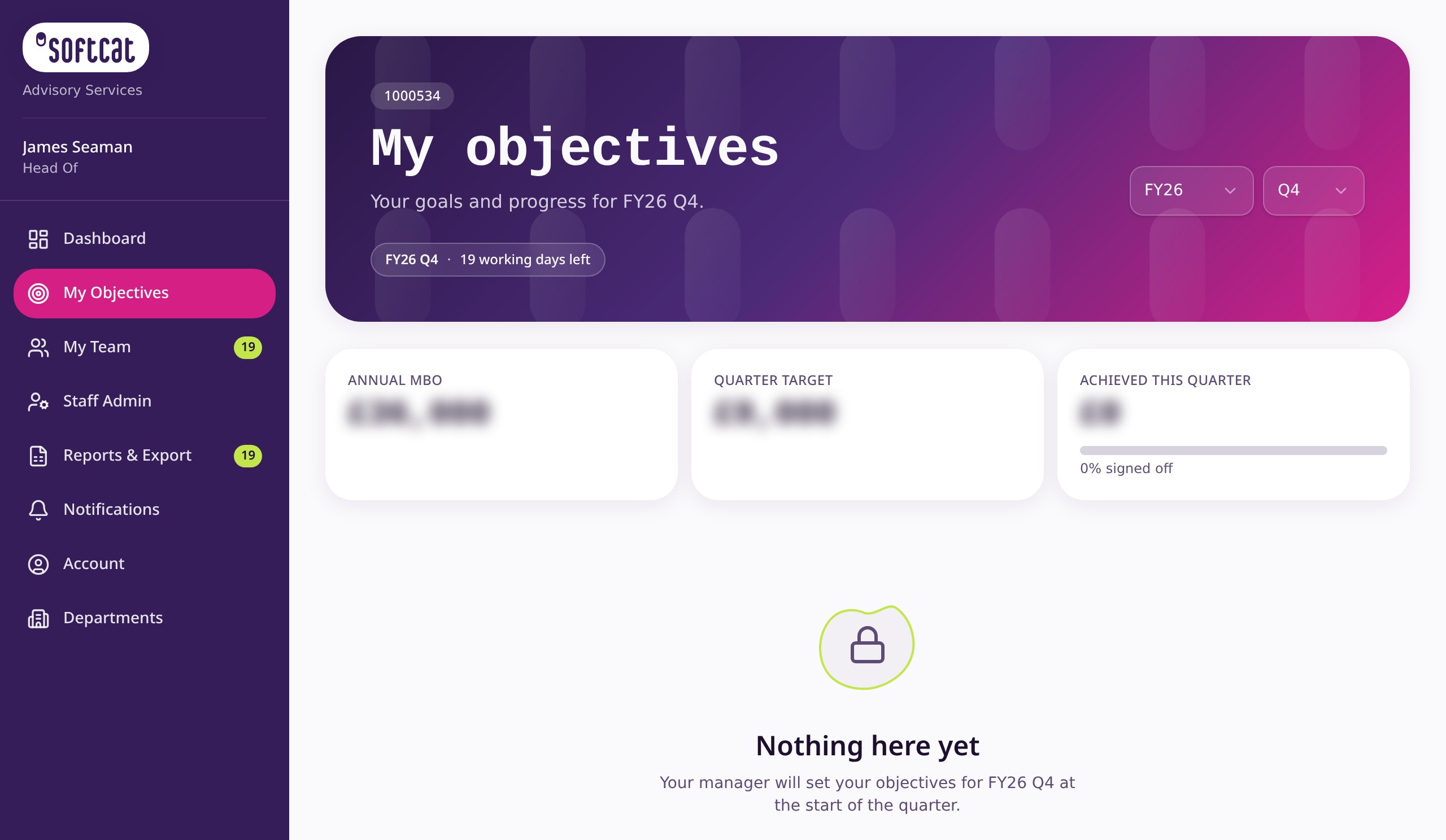 A staff member's objectives and progress for the quarter
